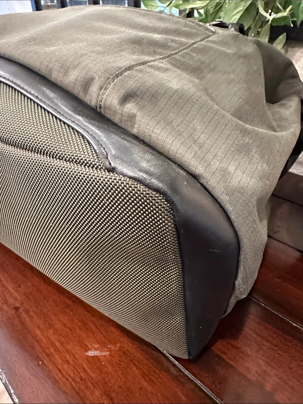 Tumi Olive Green Nylon Tote with Black Leather